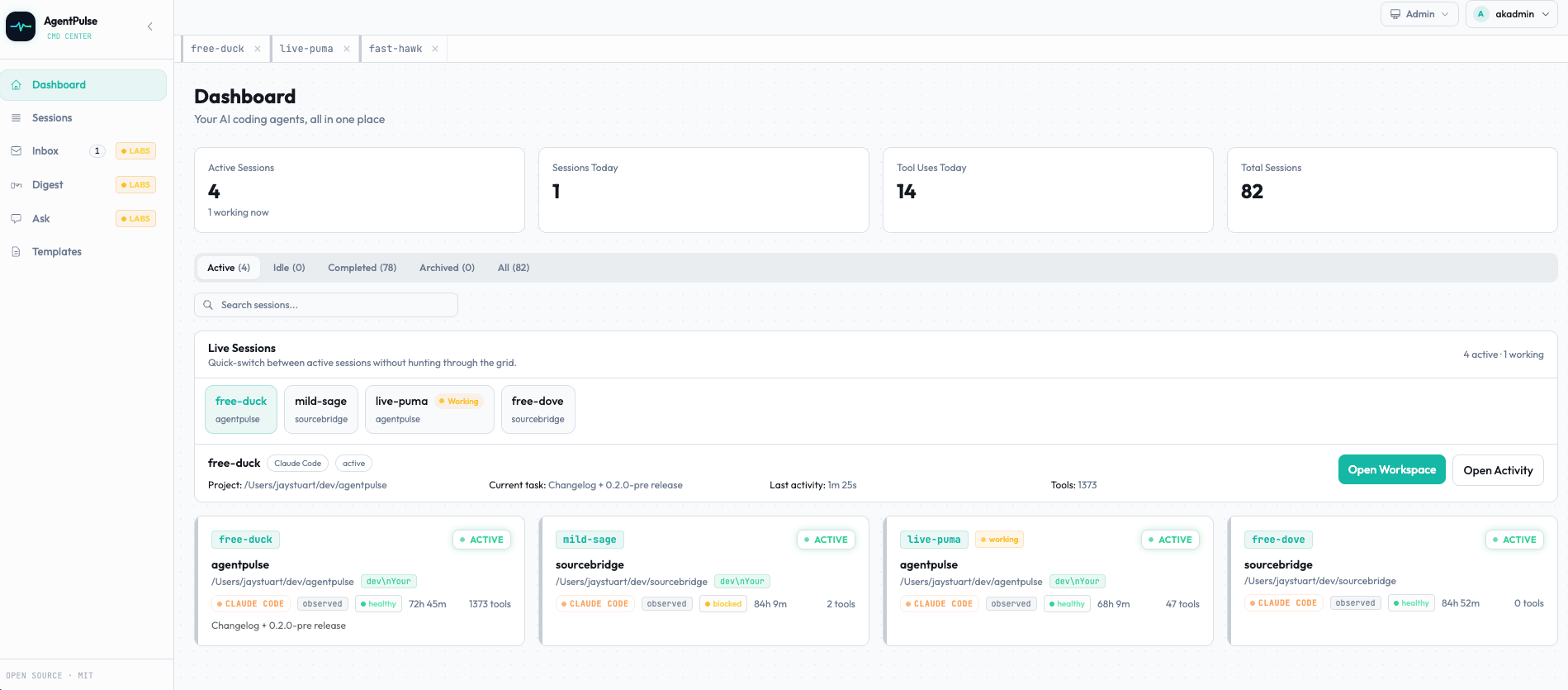 AgentPulse dashboard showing a grid of live Claude Code, Codex CLI and Copilot CLI sessions, each with its status, project, session name and tool-use count
