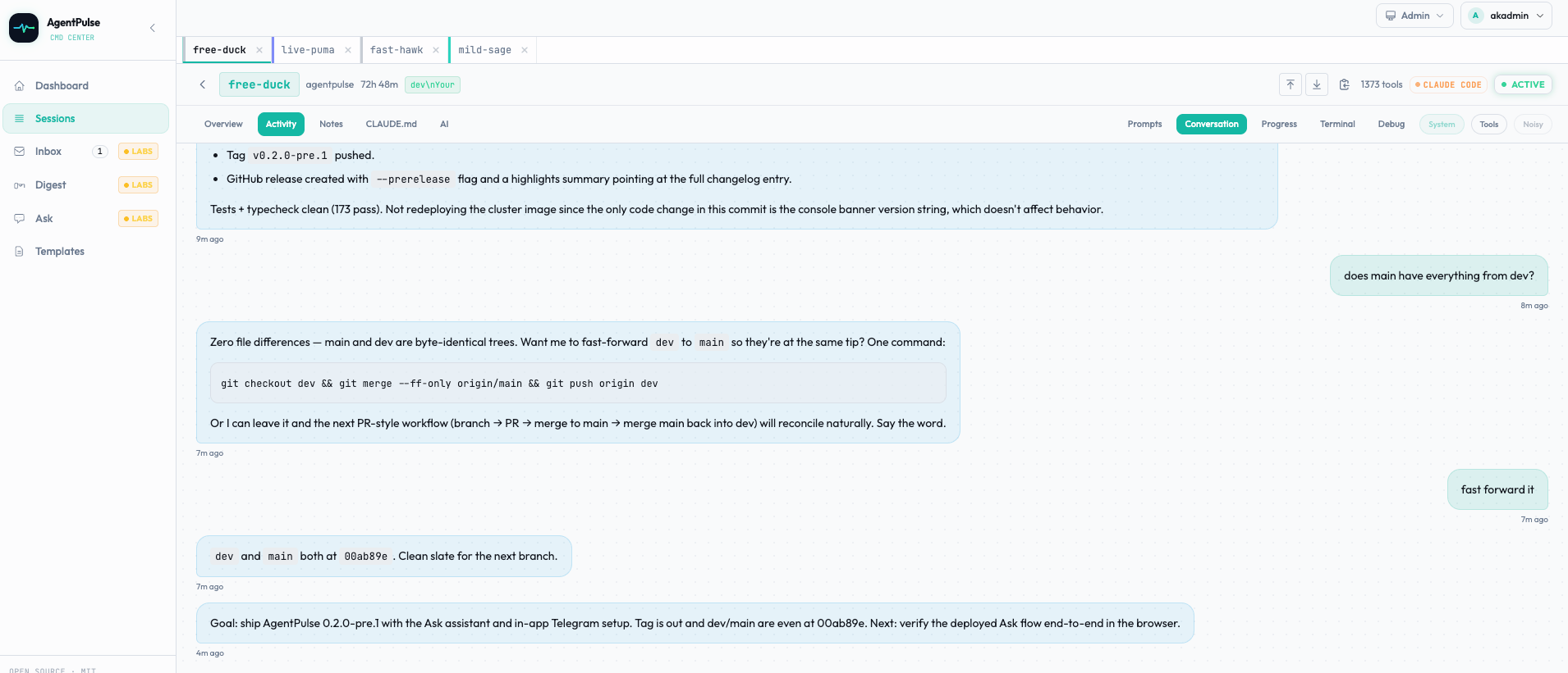 AgentPulse session detail view with a chat-style timeline of the user's prompts and the agent's tool calls shown inline